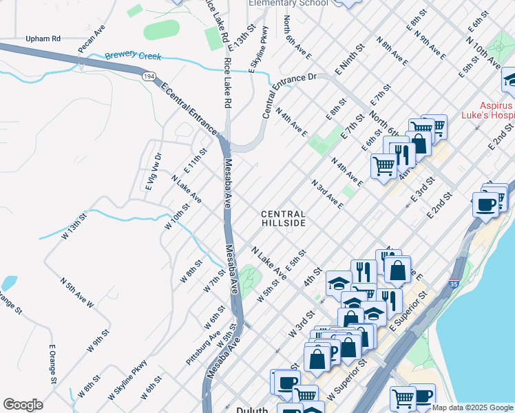 map of restaurants, bars, coffee shops, grocery stores, and more near in Duluth