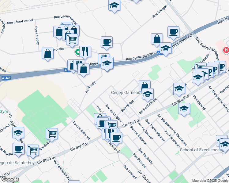 map of restaurants, bars, coffee shops, grocery stores, and more near 752 Avenue Émile Côté in Ville de Québec