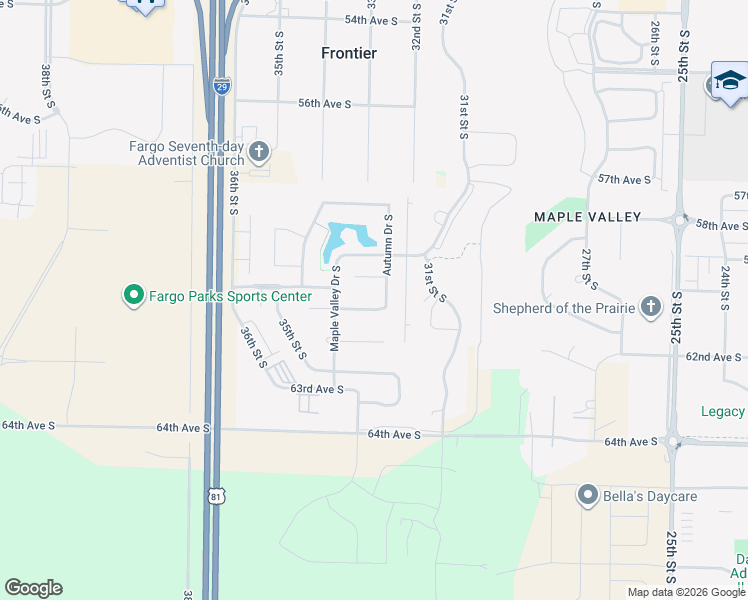 map of restaurants, bars, coffee shops, grocery stores, and more near 6015 Autumn Drive South in Fargo