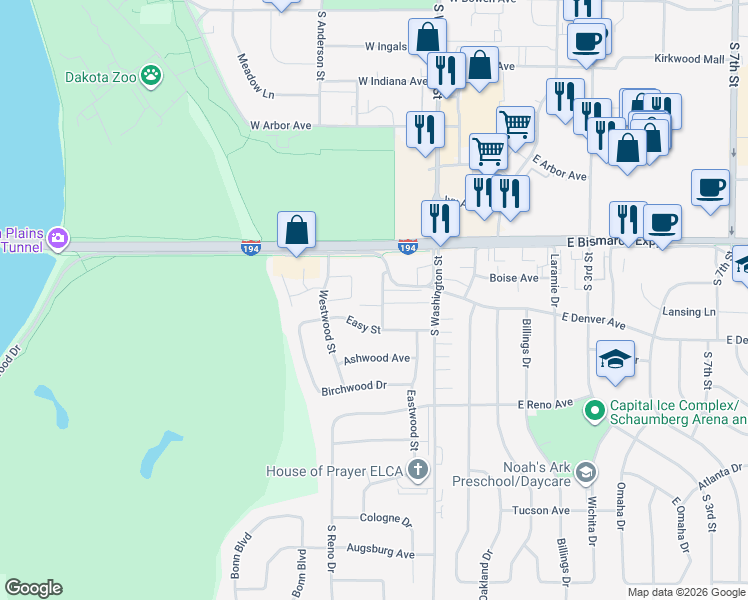 map of restaurants, bars, coffee shops, grocery stores, and more near 1018 Pleasant St in Bismarck