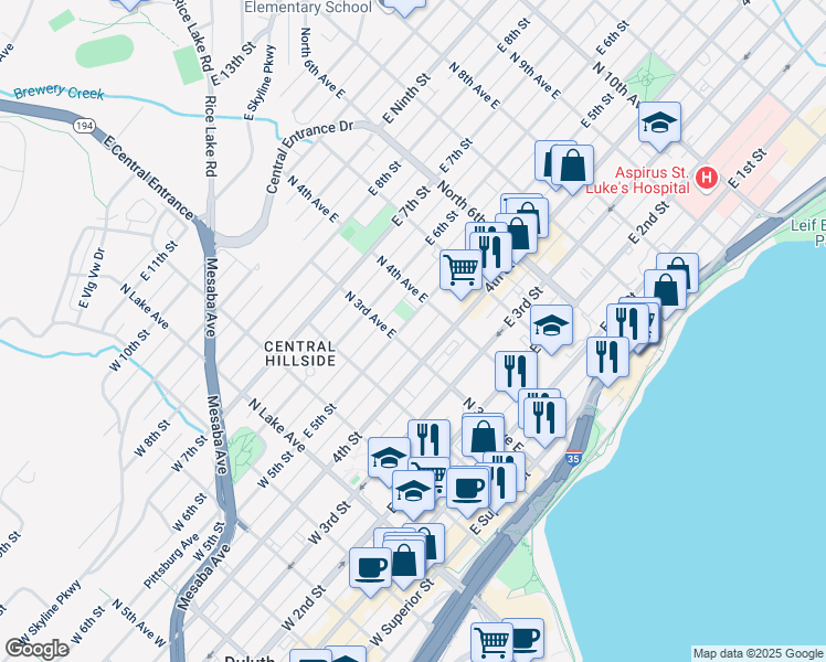 map of restaurants, bars, coffee shops, grocery stores, and more near 407 East 4th Street in Duluth