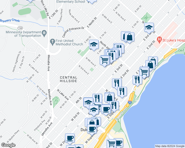 map of restaurants, bars, coffee shops, grocery stores, and more near 312 East 6th Street in Duluth