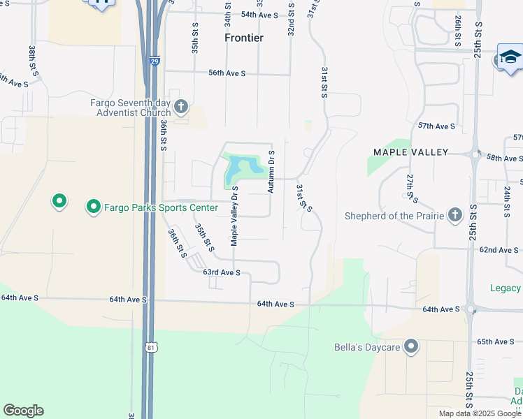 map of restaurants, bars, coffee shops, grocery stores, and more near 6015 Autumn Drive South in Fargo