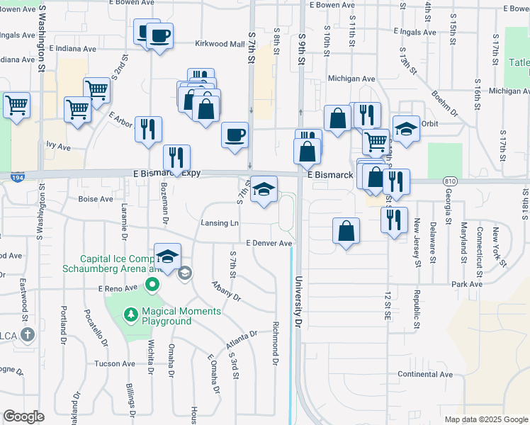 map of restaurants, bars, coffee shops, grocery stores, and more near 1107 South 7th Street in Bismarck