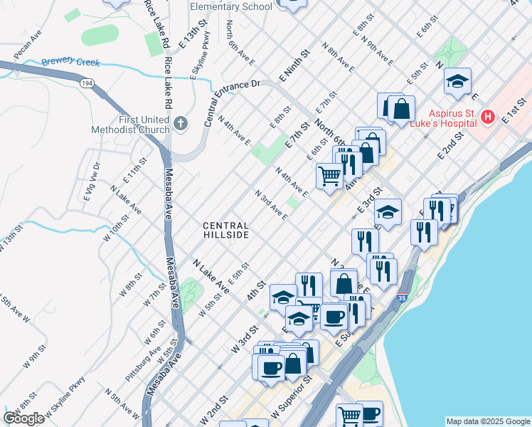 map of restaurants, bars, coffee shops, grocery stores, and more near 224 East 6th Street in Duluth