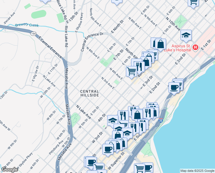map of restaurants, bars, coffee shops, grocery stores, and more near in Duluth