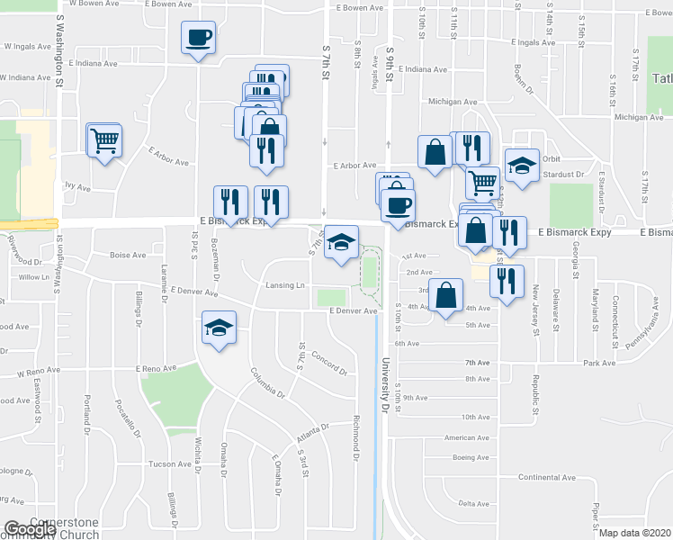 map of restaurants, bars, coffee shops, grocery stores, and more near 1107 South 7th Street in Bismarck