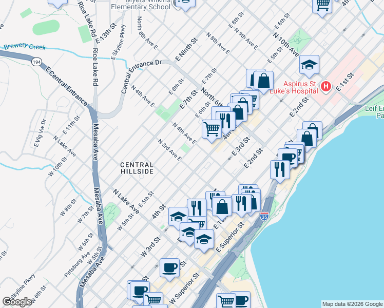map of restaurants, bars, coffee shops, grocery stores, and more near 407 East 4th Street in Duluth