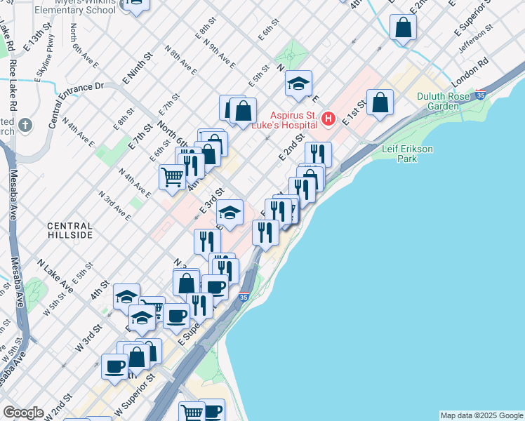 map of restaurants, bars, coffee shops, grocery stores, and more near 601 East 1st Street in Duluth