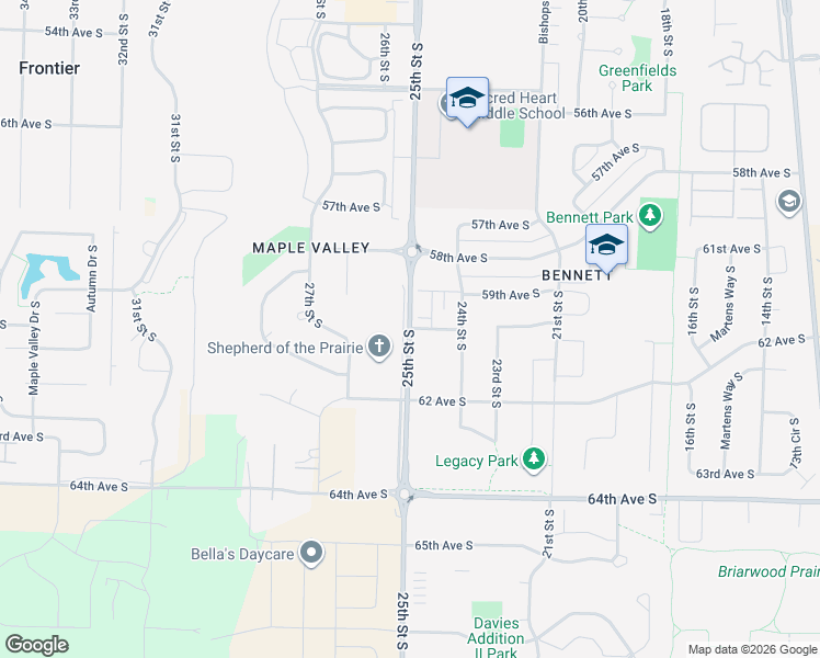 map of restaurants, bars, coffee shops, grocery stores, and more near 6036 25th Street South in Fargo