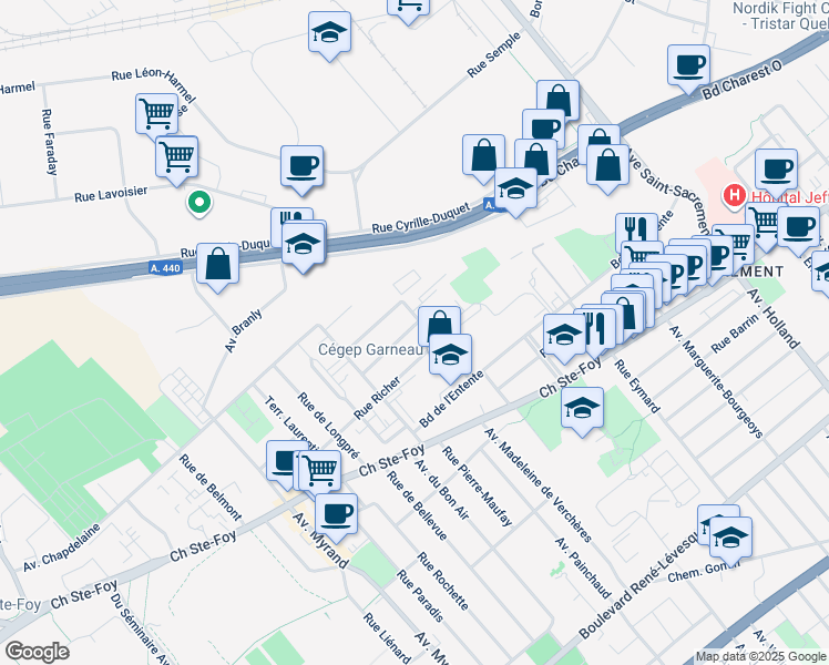map of restaurants, bars, coffee shops, grocery stores, and more near 1647 Rue Hocquart in Ville de Québec