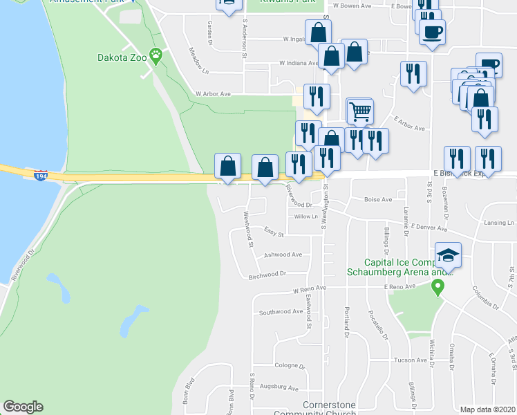 map of restaurants, bars, coffee shops, grocery stores, and more near 505 Riverwood Drive in Bismarck