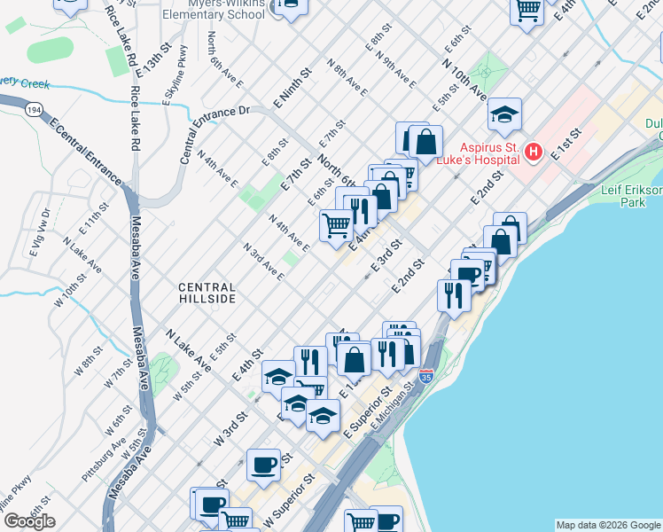 map of restaurants, bars, coffee shops, grocery stores, and more near East 4th Street in Duluth