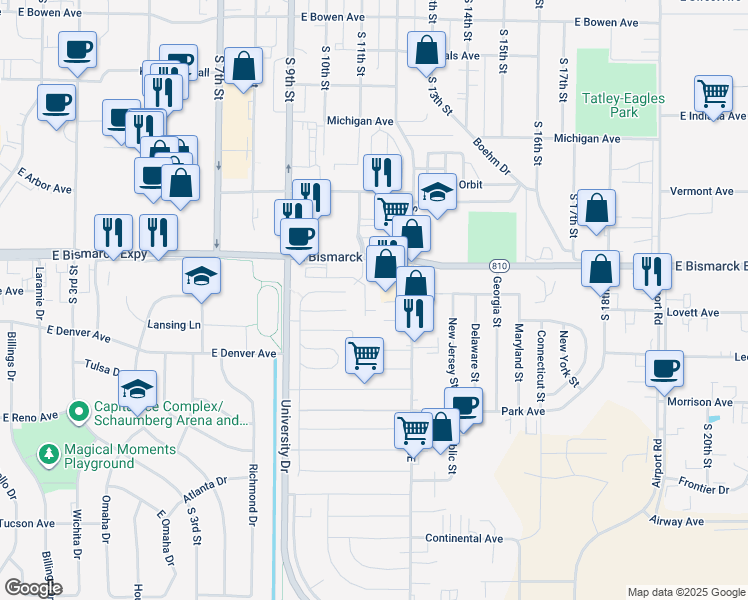 map of restaurants, bars, coffee shops, grocery stores, and more near 1121 South 11th Street in Bismarck