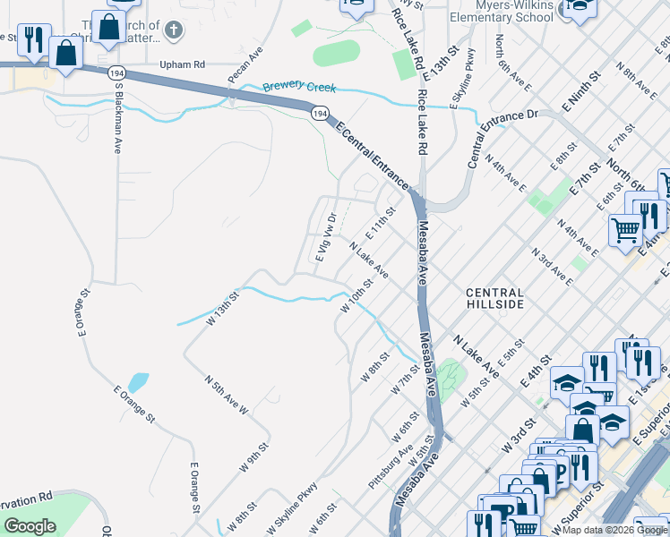 map of restaurants, bars, coffee shops, grocery stores, and more near 29 West 11th Street in Duluth