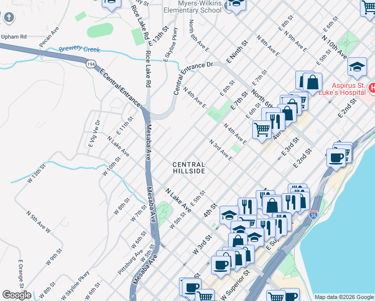 map of restaurants, bars, coffee shops, grocery stores, and more near 213 East 7th Street in Duluth