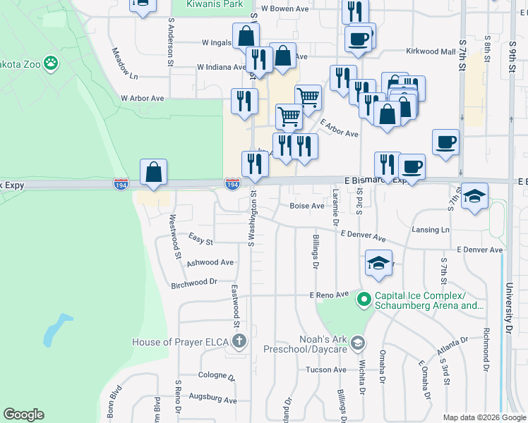 map of restaurants, bars, coffee shops, grocery stores, and more near 1112 Portland Drive in Bismarck