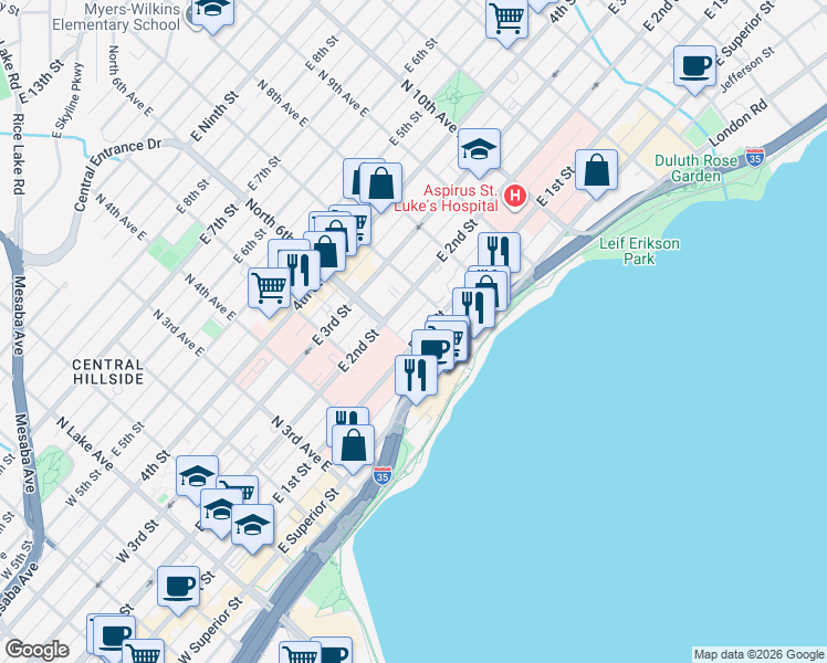 map of restaurants, bars, coffee shops, grocery stores, and more near 623 East 1st Street in Duluth
