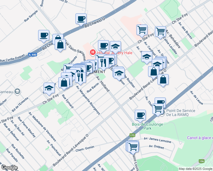 map of restaurants, bars, coffee shops, grocery stores, and more near 875 Avenue Holland in Ville de Québec