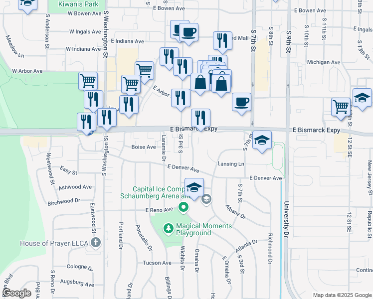 map of restaurants, bars, coffee shops, grocery stores, and more near 1023 South 3rd Street in Bismarck