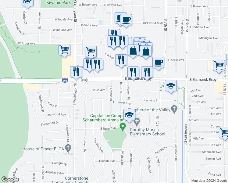map of restaurants, bars, coffee shops, grocery stores, and more near 172 Boise Avenue in Bismarck