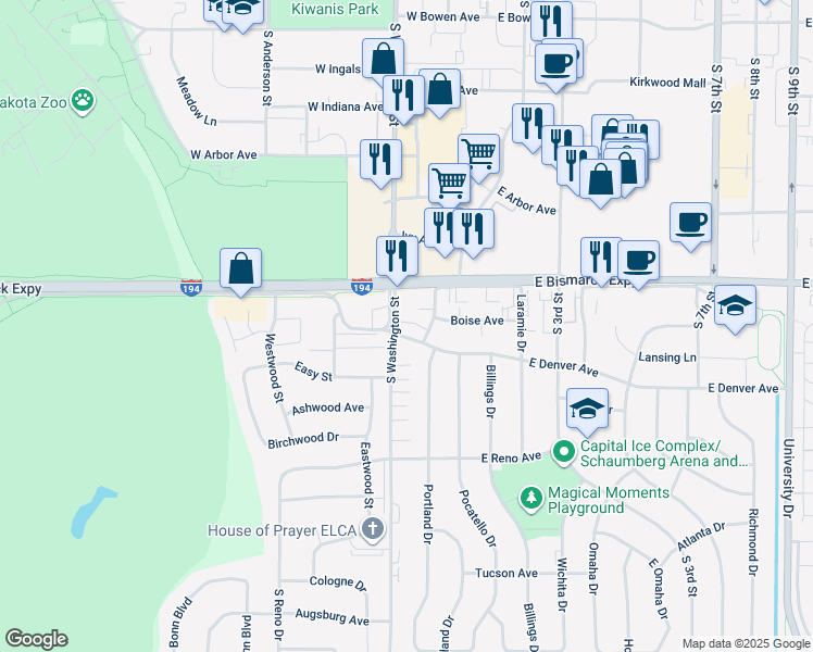 map of restaurants, bars, coffee shops, grocery stores, and more near 1033 South Washington Street in Bismarck