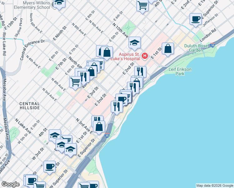 map of restaurants, bars, coffee shops, grocery stores, and more near 623 East 1st Street in Duluth