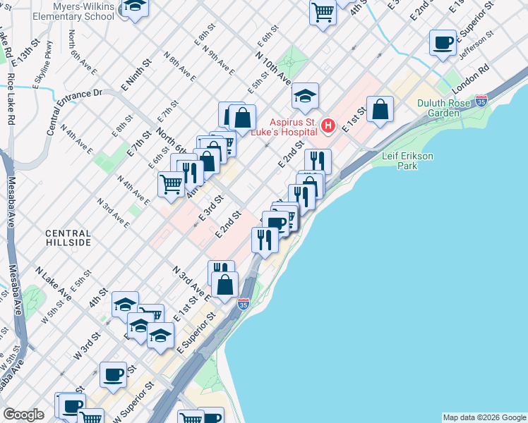map of restaurants, bars, coffee shops, grocery stores, and more near 623 East 1st Street in Duluth