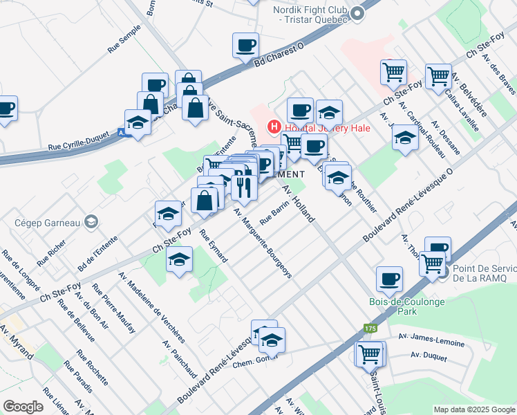 map of restaurants, bars, coffee shops, grocery stores, and more near 1385 Rue Marie Rollet in Quebec