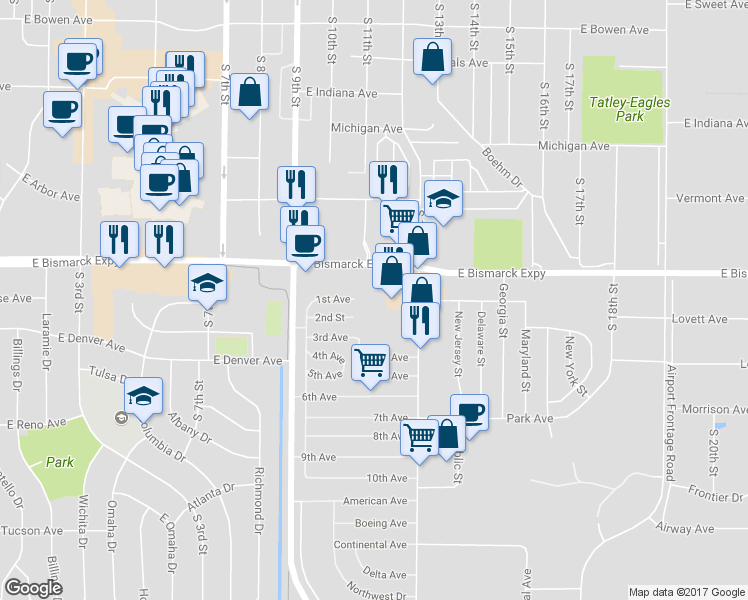 map of restaurants, bars, coffee shops, grocery stores, and more near 1121 South 11th Street in Bismarck