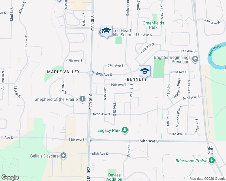 map of restaurants, bars, coffee shops, grocery stores, and more near 2295 60th Ave S in Fargo