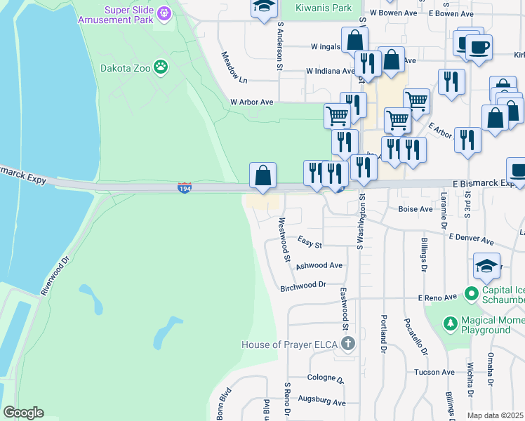 map of restaurants, bars, coffee shops, grocery stores, and more near 1048 Westwood Street in Bismarck