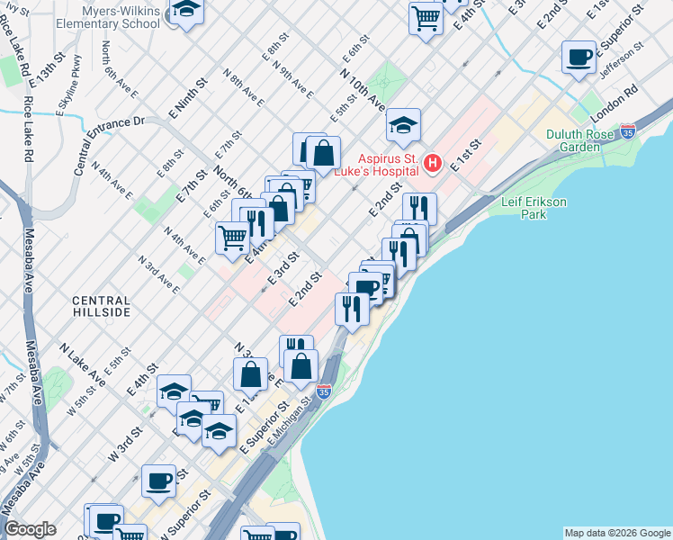 map of restaurants, bars, coffee shops, grocery stores, and more near 600 East 2nd Street in Duluth