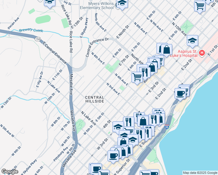 map of restaurants, bars, coffee shops, grocery stores, and more near in Duluth