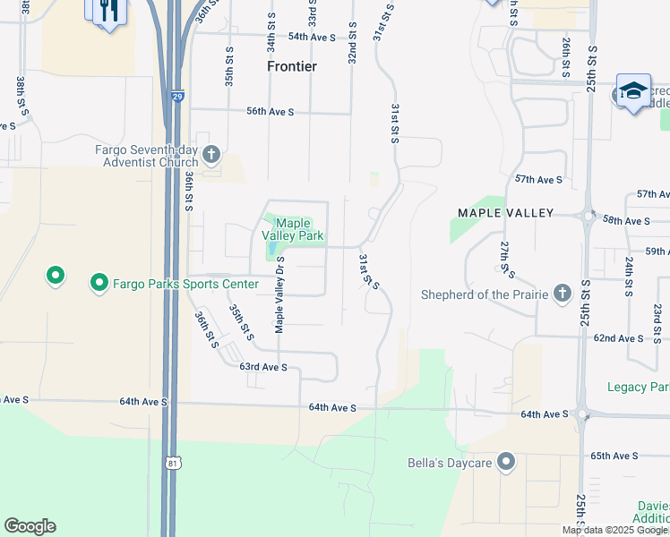 map of restaurants, bars, coffee shops, grocery stores, and more near 6020 Autumn Drive South in Fargo