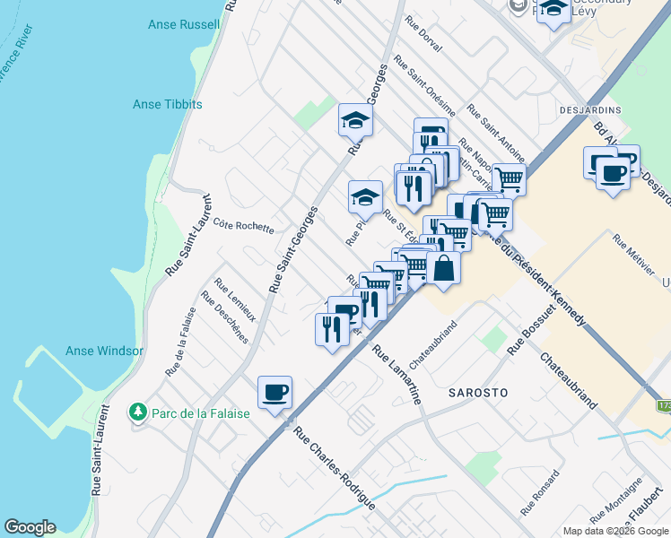 map of restaurants, bars, coffee shops, grocery stores, and more near 26 Rue Delisle in Levis