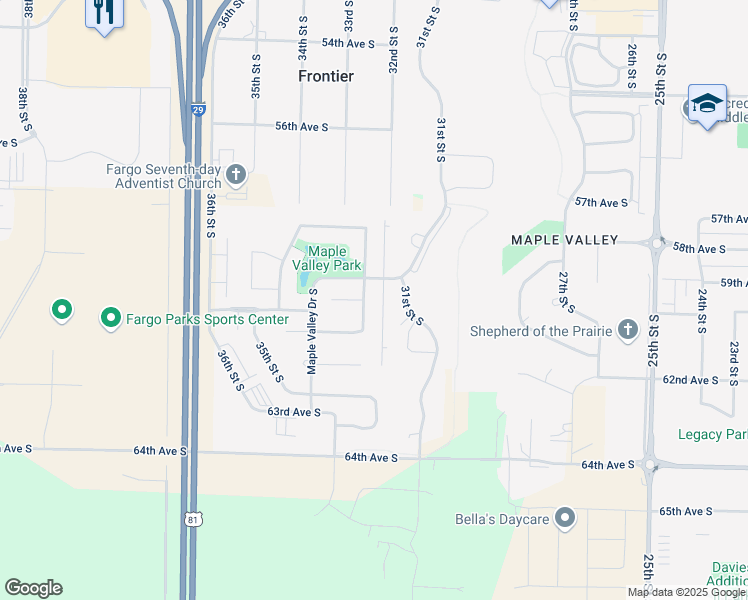 map of restaurants, bars, coffee shops, grocery stores, and more near 6020 Autumn Drive South in Fargo