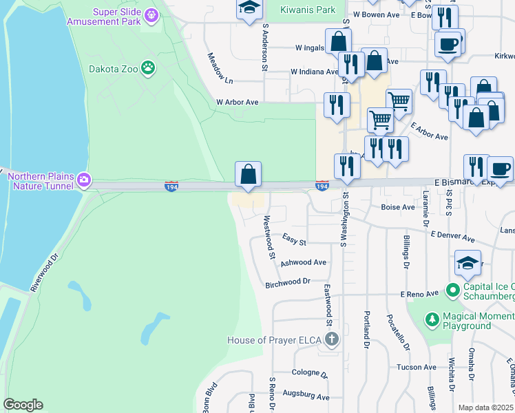 map of restaurants, bars, coffee shops, grocery stores, and more near 1048 Westwood St in Bismarck