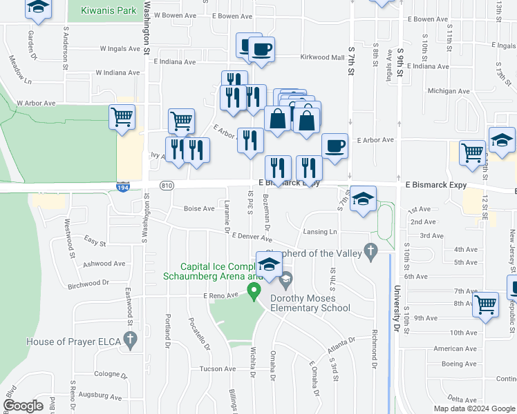 map of restaurants, bars, coffee shops, grocery stores, and more near 1023 South 3rd Street in Bismarck