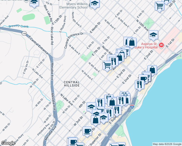 map of restaurants, bars, coffee shops, grocery stores, and more near 312 East 6th Street in Duluth