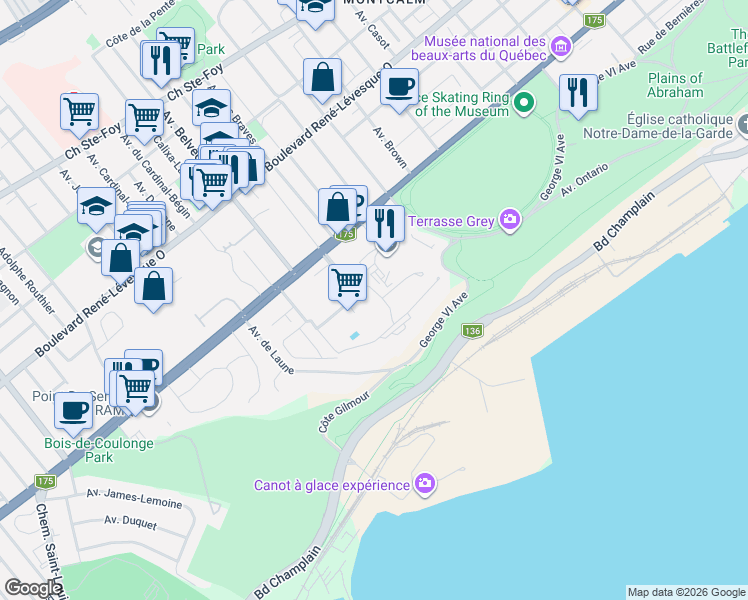 map of restaurants, bars, coffee shops, grocery stores, and more near 10 Rue des Jardins-Mérici in Québec
