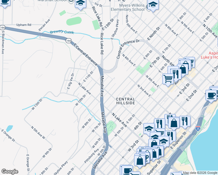 map of restaurants, bars, coffee shops, grocery stores, and more near 106 East 9th Street in Duluth