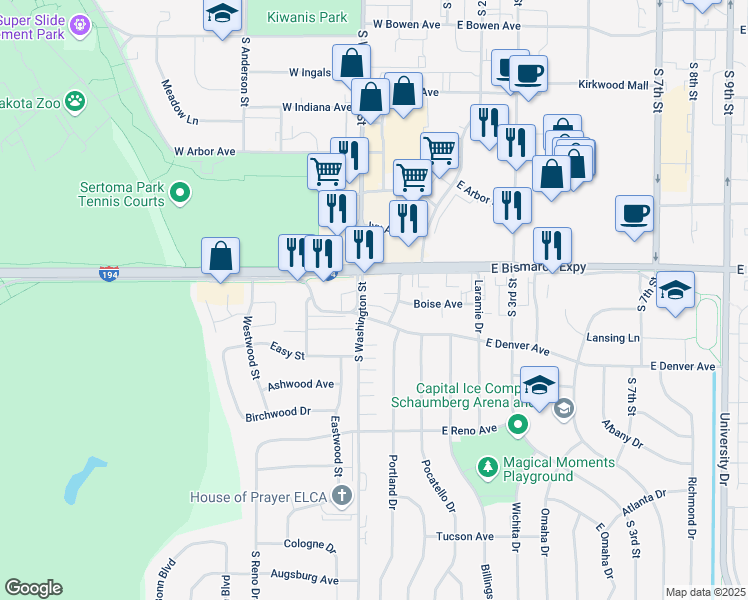 map of restaurants, bars, coffee shops, grocery stores, and more near 1033 South Washington Street in Bismarck