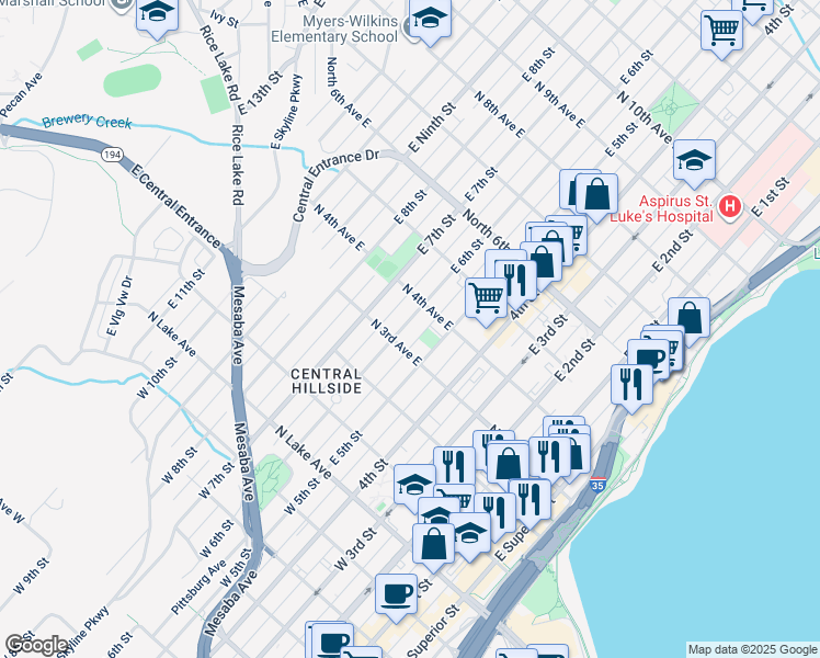 map of restaurants, bars, coffee shops, grocery stores, and more near 312 East 6th Street in Duluth