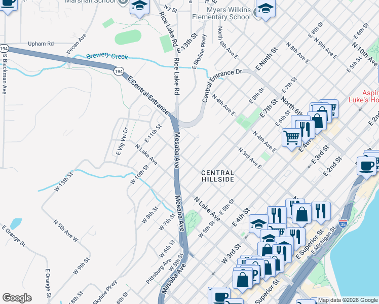 map of restaurants, bars, coffee shops, grocery stores, and more near 106 East 9th Street in Duluth
