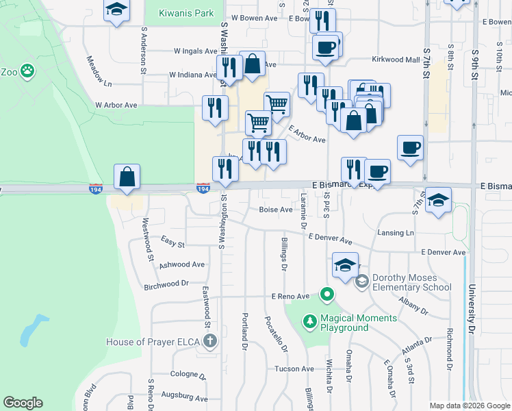 map of restaurants, bars, coffee shops, grocery stores, and more near 110 Boise Avenue in Bismarck