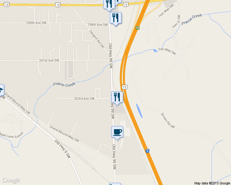 map of restaurants, bars, coffee shops, grocery stores, and more near 20238 Old Highway 99 Southwest in Centralia