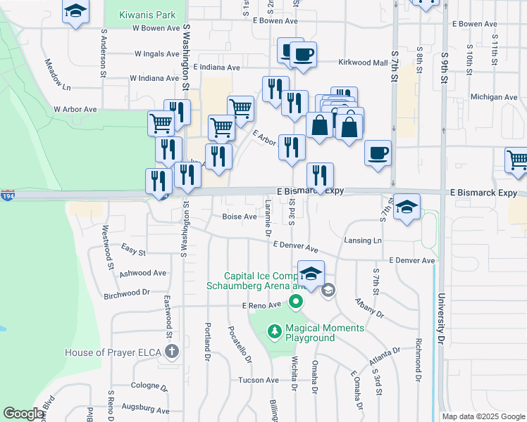 map of restaurants, bars, coffee shops, grocery stores, and more near 172 Boise Avenue in Bismarck