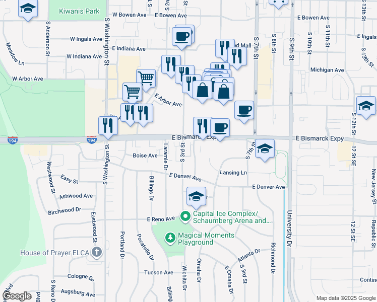 map of restaurants, bars, coffee shops, grocery stores, and more near 1023 South 3rd Street in Bismarck