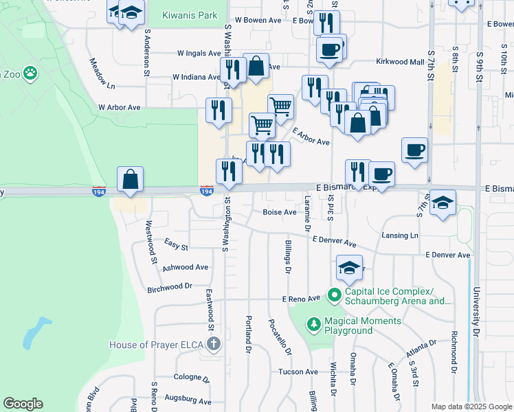 map of restaurants, bars, coffee shops, grocery stores, and more near 110 Boise Avenue in Bismarck